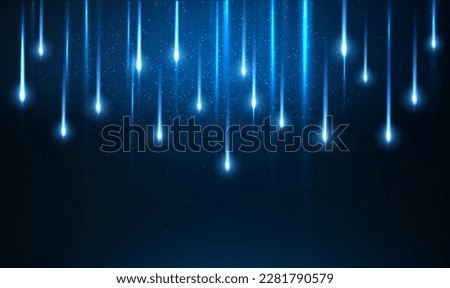 Meteor rain with falling glowing comets.Luminous rays in motion, technology, network. Beautiful meteor shower, falling meteorites. Glowing comets with flame trails. Falling glowing neon lights. Vector