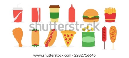Set of fast food illustration. Flat design vector illustration. Fast food restaurant. Fast food menu. Snacks, burger, hamburger, taco, hot dog, fried chicken, burrito, pizza, french fries.