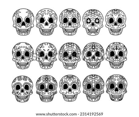 Set of sugar skull outline sketch hand-drawn illustration, day of the dead decoration vector.