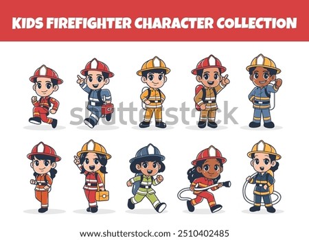 Kids firefighter character vector illustration set