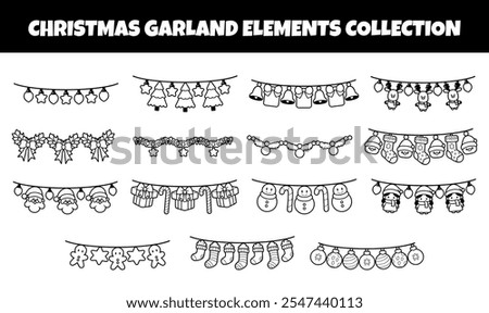 Christmas garland ornaments outline vector illustration set