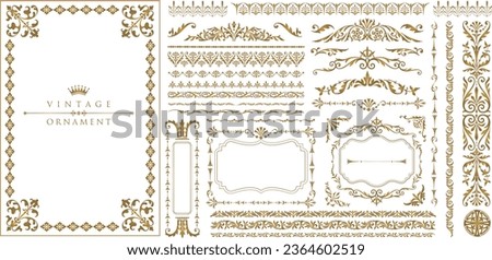 Gold vintage frames. Set of Decorative borders set, floral ornament, Vector antique decor
