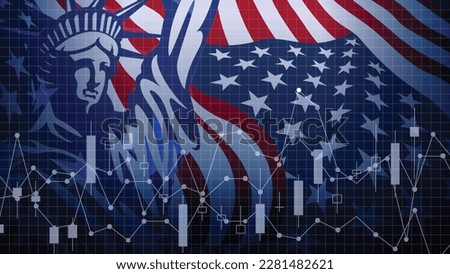 USA flag banner background design with the statue of liberty and economy, digital currency data diagram. Vector illustration.