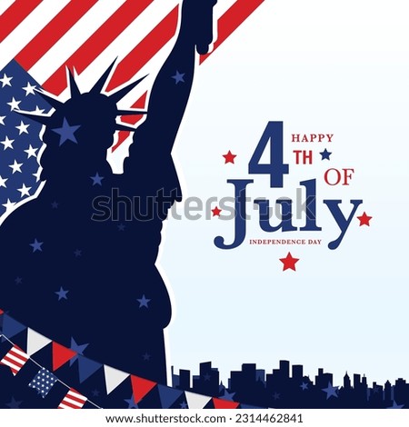 United States of America 4th of July independence day banner template with flat USA flag, the Statue of liberty, bunting decoration, and new york cityscape. Vector illustration.