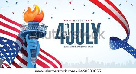 Modern illustration of 4th of July independence day greeting banner background template with usa flag and ribbon, statue of liberty hand torch on white background. Vector design. 
