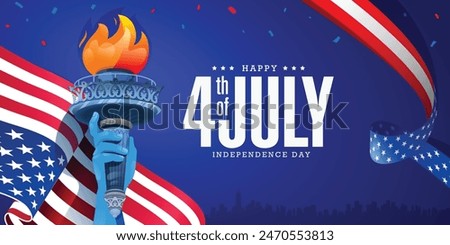 Modern illustration of 4th of July independence day greeting banner background template with usa flag and ribbon, statue of liberty hand torch on dark blue background. Vector design. 