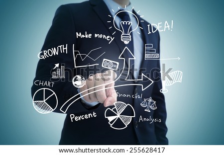 Hand draw business sketches doodle infographic elements,chart graph,concept businessman hand touch analytics earnings.