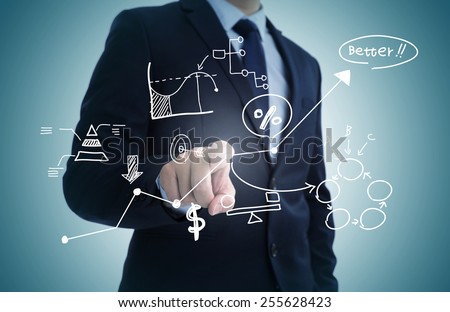 Hand draw business sketches doodle infographic elements,chart graph,concept businessman hand touch analytics earnings.