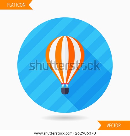 hot air balloon flat icon with long shadow on blue circle background , vector illustration , eps10
