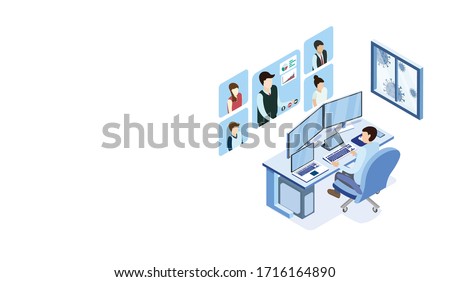 Man working with pc at his work desk with video conference, Working from home, Outside window is virus cells, programmer, business analysis, designer, freelancer, Isometric COVID-19 vector.