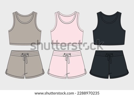 FASHION CROP TOP AND SHORTS FOR GIRLS. FLAT SKETCH TECHNICAL TEMPLATE