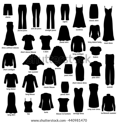Women Clothes With Names. Silhouettes, Icons Of Clothing. Vector Flat ...