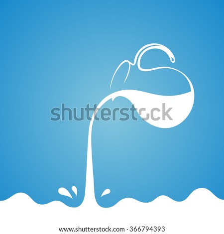 Milk flows from jug. Spray drops and white wave on blue background. Advertising label sticker template