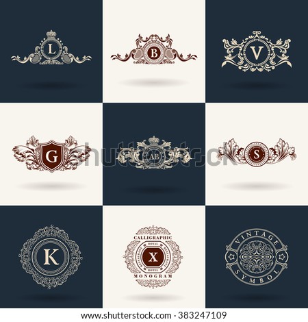 Luxury logos monogram. Vintage royal flourishes elements. Calligraphic symbol ornament. Letter L, B, V, G, A, S, K, X. Design luxury logos set. Vector pattern flourishes emblem set. Calligraphic frame Stock fotó © 