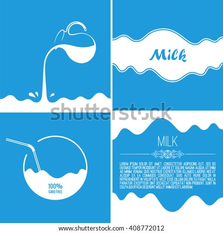 Milk flows from jug. Spray drops and white wave on blue background. Advertising label set sticker template