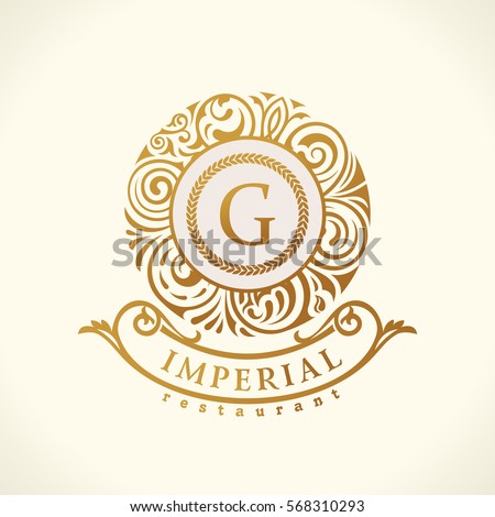 Round calligraphic royal gold emblem. Vector floral baroque monogram. Symbol cafe, restaurant, shop, print, stamp. Vintage luxury letter, G. Logo design template, label for coffee, tea, business card Photo stock © 