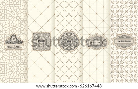 Vector set of design elements labels, icon, logo, frame, luxury packaging for the product. Vertical black cards on a white background. Templates vintage ornament