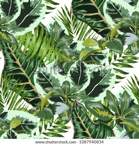 green palm leaves on the white background tropical watercolor