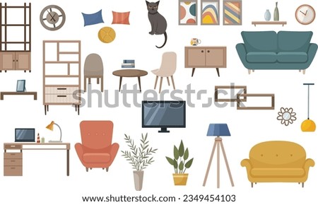 Isolated set of home interior items. Home furniture. Living room interior with furniture, table, shelves with books and home flowers, floor lamp, TV, computer. Vector illustration in a flat style. Pro