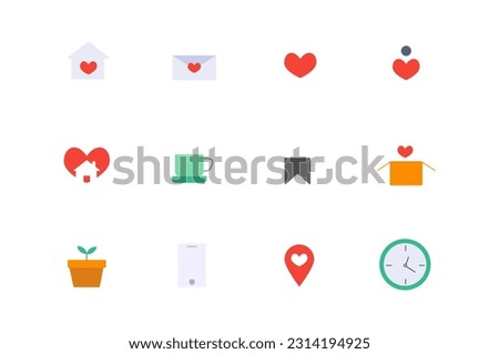 Linear art set of icons for home social networking, heart filled coloring love