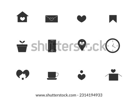 Linear art set of icons for home social networking, heart filled
