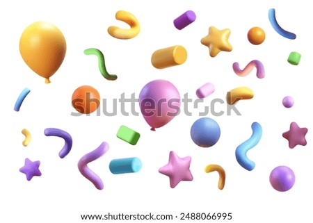 Confetti party clapper 3d vector, shapes. Birthday or carnival fireworks or popper paper streamers, star and elements for greeting design. Multicolored