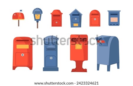 Vector letterboxes set. Red and blue vintage mailboxes, old postboxes isolated on white background. Vector illustrations collection for your design , mail, post concept