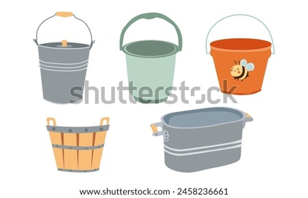 Basin, bucket icons. Plastic, metal, wooden washbowl and pails isolated. Vector. Set water containers for garden , farm or wash on white background. Flat design. Colorful cartoon illustration.