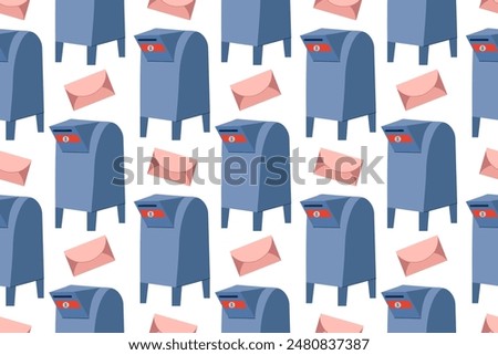 Seamless pattern with mailbox and letter on white isolated background. Red and blue mailbox. Pattern for fabric, packaging. Theme of communication, mail.