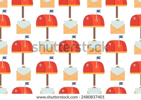 Seamless pattern with mailbox and letter on white isolated background. Red and blue mailbox. Pattern for fabric, packaging. Theme of communication, mail.