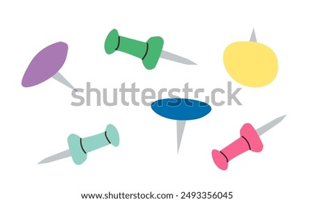 Icons of pin buttons, needles. Flat symbols of push pins set illustration isolated for note and attach in office. Vector. Pushpins, thumbtack for notice attaching. Stationery.