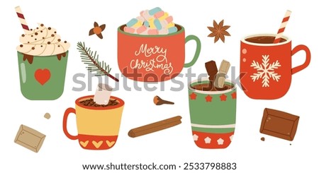 Christmas chocolate and eggnog drinks, winter holiday hot cups, vector icons. Christmas eggnog or milk punch beverages in cups and mugs, hot chocolate drinks for New Year and Xmas greeting card