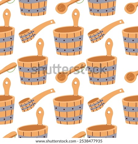 Sauna accessories bucket pot . Bathhouse wooden accessories. Hand drawn seamless pattern. Vector illustration in doodle style on white background.