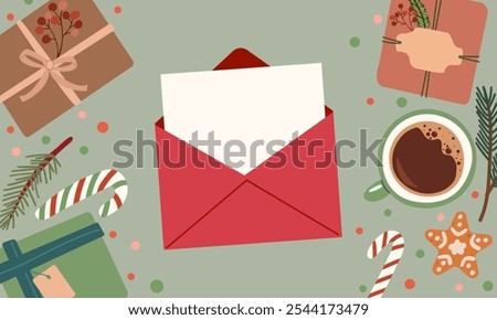 Christmas composition paper letter in red envelope for Christmas holiday cup of coffee sweets and gift boxes . Xmas craft mail. Festive post messages, red berry branch and leaf decoration