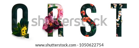 Photo of Flower font Alphabet q, r, s, t, made of Real alive flowers with Precious paper cut shape of letter. Collection of brilliant flora font for your unique decoration in spring, summer & many concept idea