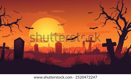 A haunting sunset over a graveyard, featuring bats, tombstones, and gnarled trees, creating a spooky atmosphere perfect for Halloween.