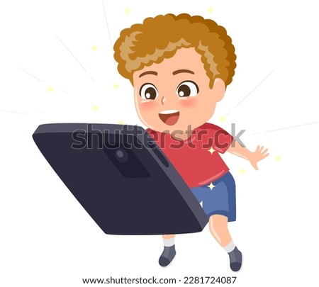 illustration of a kid boy open a smart phone fantasy glowing