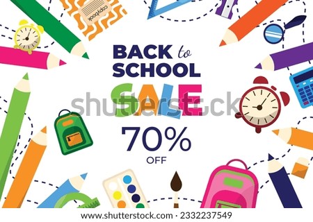 Back to school sale. 70% off. Horizontal banner with study school supplies: backpack, pencils, brushes, paints, ruler, sharpener,calculator, book. Stationery subjects. Flat illustration.