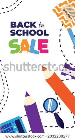 Back to school sale. 70% off. Vertical banner with study school supplies: backpack, pencils, brushes, paints, ruler, sharpener,calculator, book. Stationery subjects. Back to school. Flat illustration.