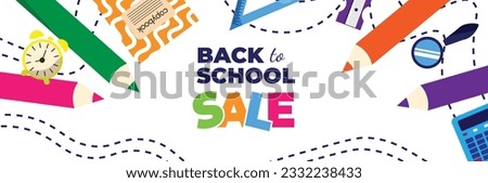 Back to school sale. 70% off. Horizontal banner with study school supplies: backpack, pencils, brushes, paints, ruler, sharpener,calculator, book. Stationery subjects. Flat illustration.