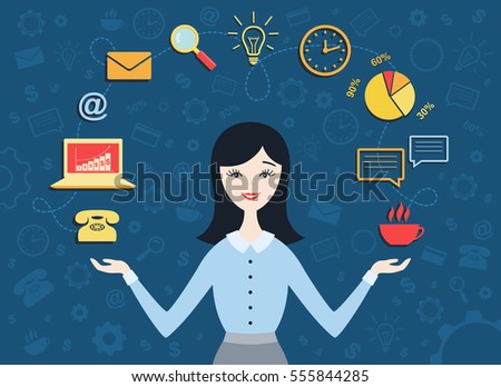 Flat design vector illustration of young business woman, personal assistant or hard working secretary