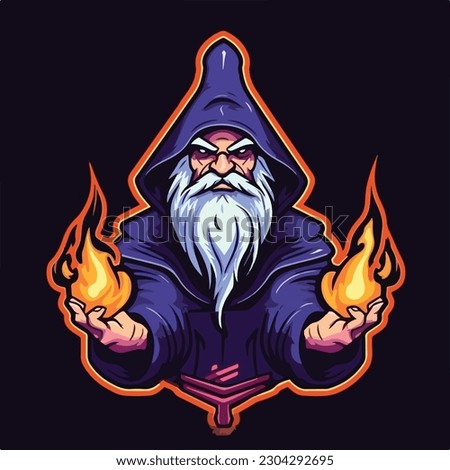 wizard magic fire head e sport logo badge vector illustration