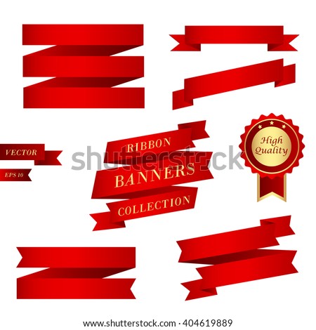 Ribbons collection. Set of different red banners with red award badge. Ribbon banner elements. Ribbon label set. Vector illustration, eps 10