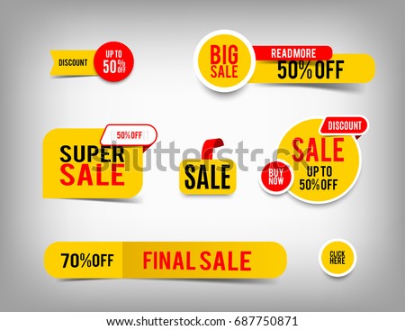 Set of banner elements, discount tag collection, special offer. Modern yellow and red sale website stickers on a gray abstract background, color web page design