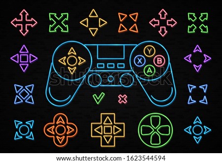 Neon color joystick icon set isolated on black brick background. Wireless Gamepad sign neon outlines. Play game light design element for gaming room club flyer banner poster. Night vector illustration