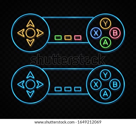Neon game sign on dark transparent background. Color light arrow cursor icon. Retro night 80s neon gaming style. Controller key with direction cross on off button on gamepad Bright vector illustration