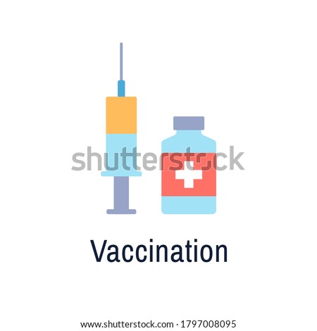 Vaccination flat icon isolated on white background. Color vaccine medicine. Medical design syringe vaccine bottle. Season flu shot injection. Health safety concept Virus prevention vector illustration