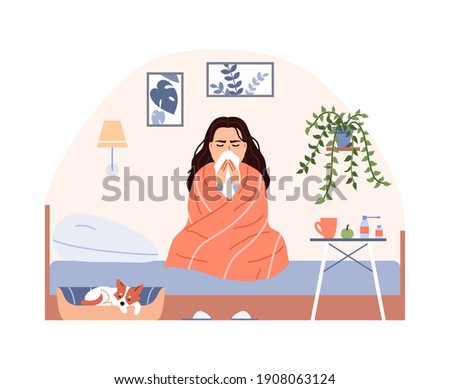 Sick person on bed with blanket treatment. Flat common cold flu virus concept. Sneezing woman blow nose. Character has influenza infection cough runny nose fever. Medical cartoon vector illustration.