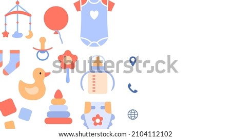 Baby store business card design template. Color flat creative identity on white background. Kids bodysuit, rattle, apparel, diaper, accessories. Contact, mobile phone, web layout vector illustration.