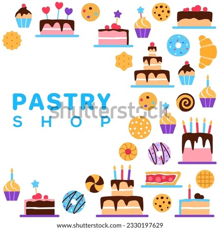 Pastry shop square frame with circle copy space on white background. Colorful baked yummy food concept design. Dessert elements cake muffin for cafe confectionery sweet shop flat vector illustration.